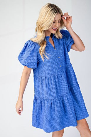Seersucker Puff Sleeve Mini Dress