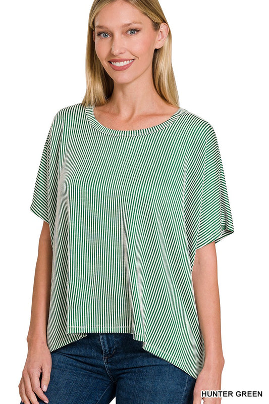 Ribbed Striped Oversized Top-Hunter Green