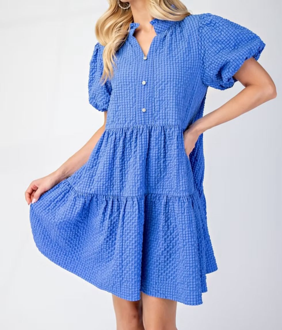 Seersucker Puff Sleeve Mini Dress
