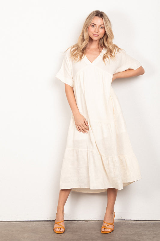 Cream Frayed Detail Gauze Midi Dress