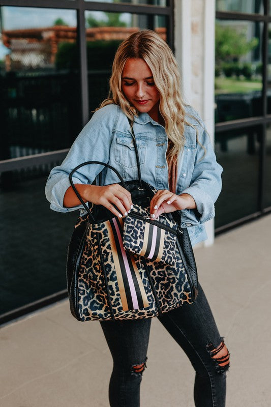 Sierra - Pink Stripe Leopard Neoprene Bag