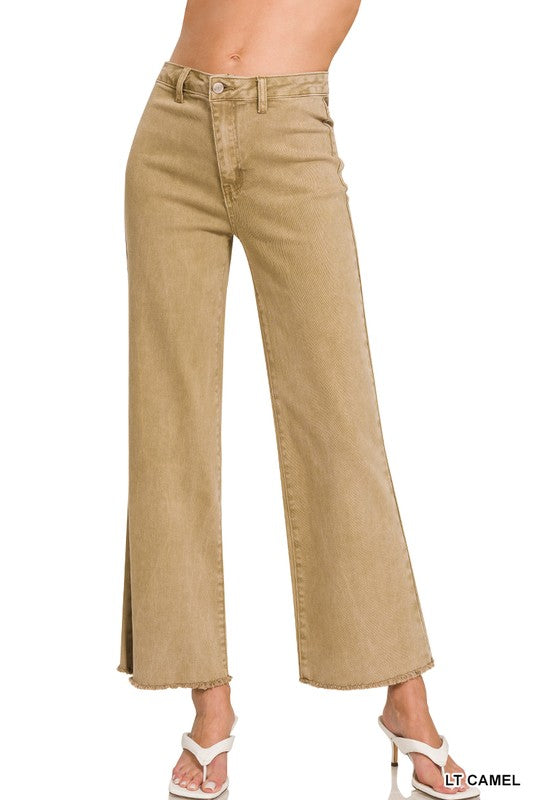 Acid Washed Frayed Hem Pants- Camel