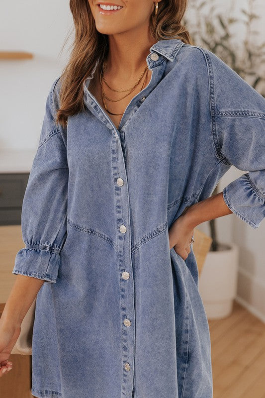 Sky Blue Buttoned Long Sleeve Denim Mini Dress