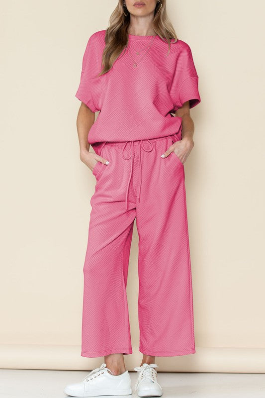 Textured T Shirt and Drawstring Pants Set