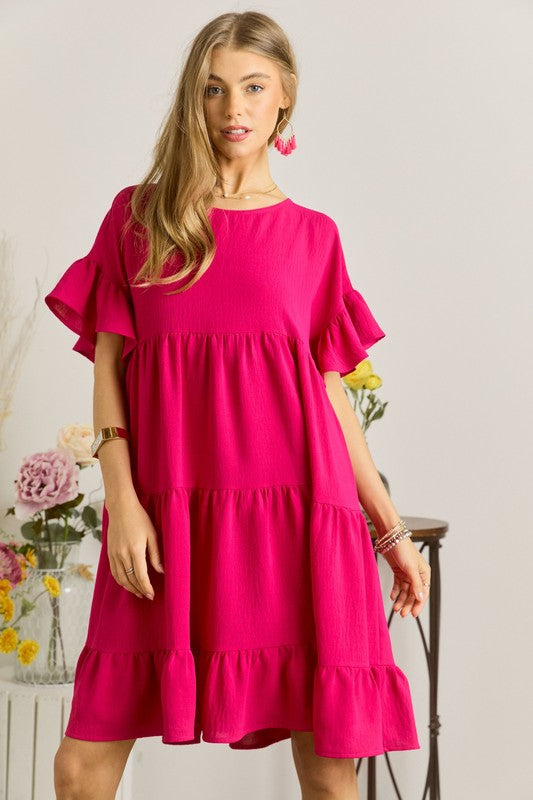 Solid Tiered Babydoll Dress-Fuchsia