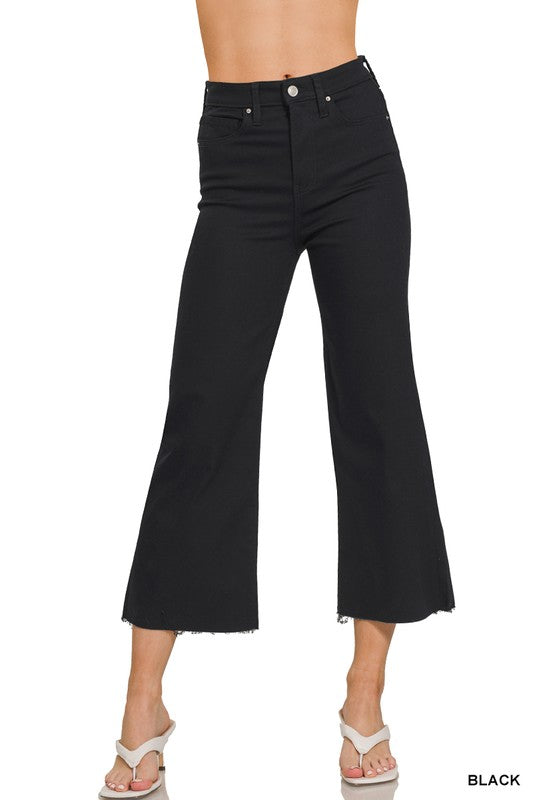 High Rise Flare Cropped Denim Pants-Black