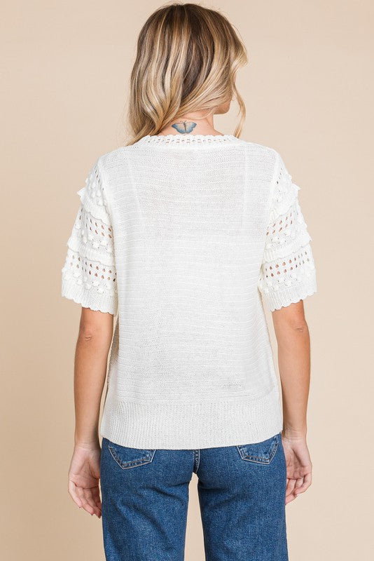 Textured Crochet Knit Top- Off White