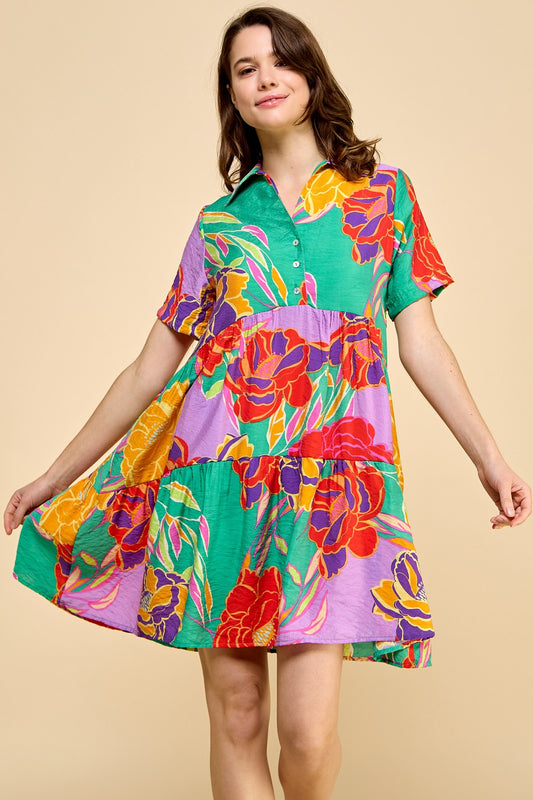Abstract Floral Print Babydoll Dress