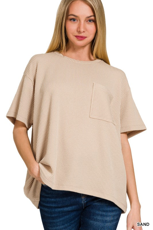 Sand Corded Ribbed Pocket Top