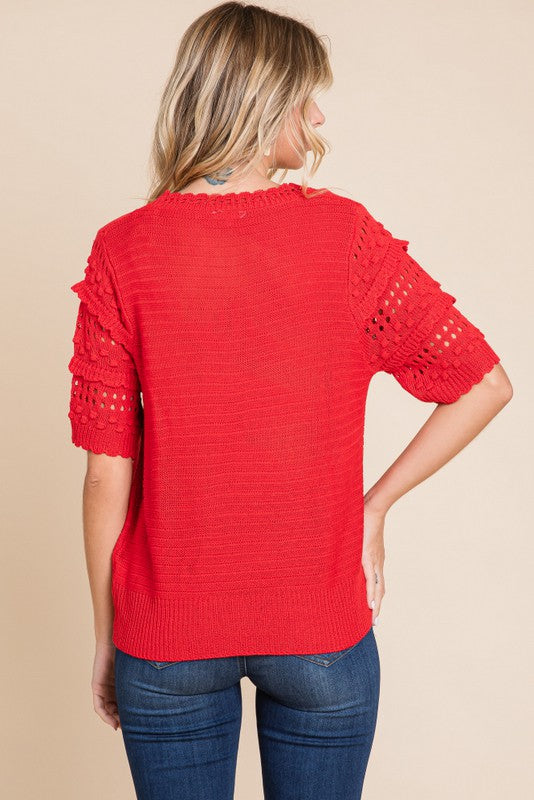 Textured Crochet Knit Top-Tomato Red