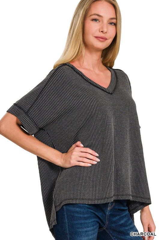 Corded Ribbed V-Neck Top- Charcoal