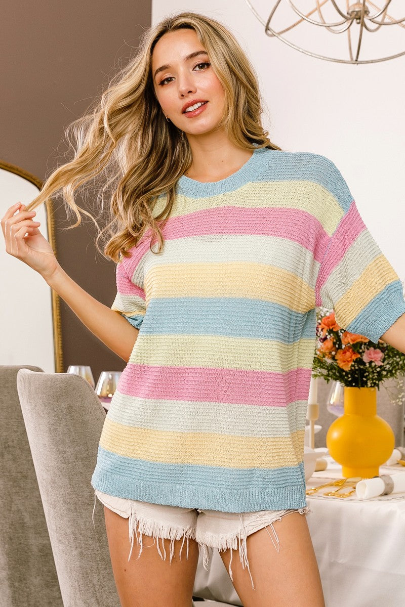 Multi-Color Stripe Short Sleeve Sweater