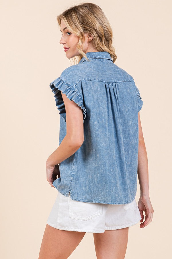 Denim Tencel Button Down Top