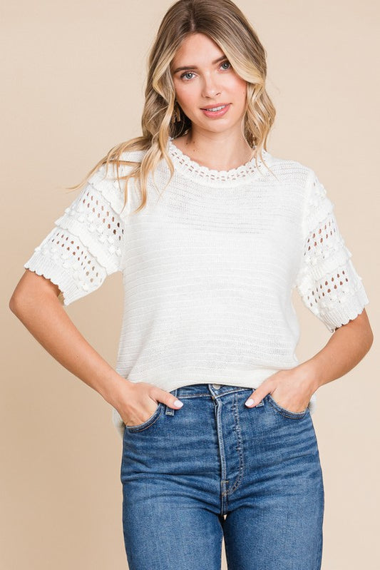 Textured Crochet Knit Top- Off White