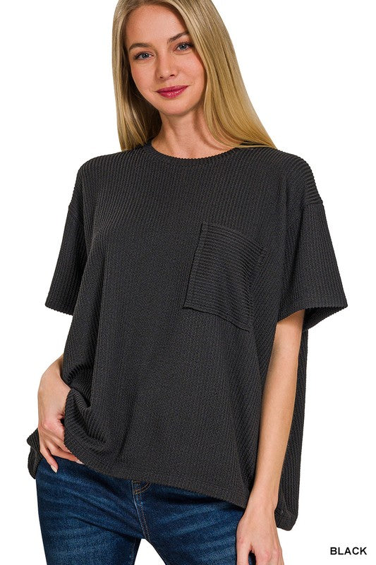 Black Corded Ribbed Pocket Top