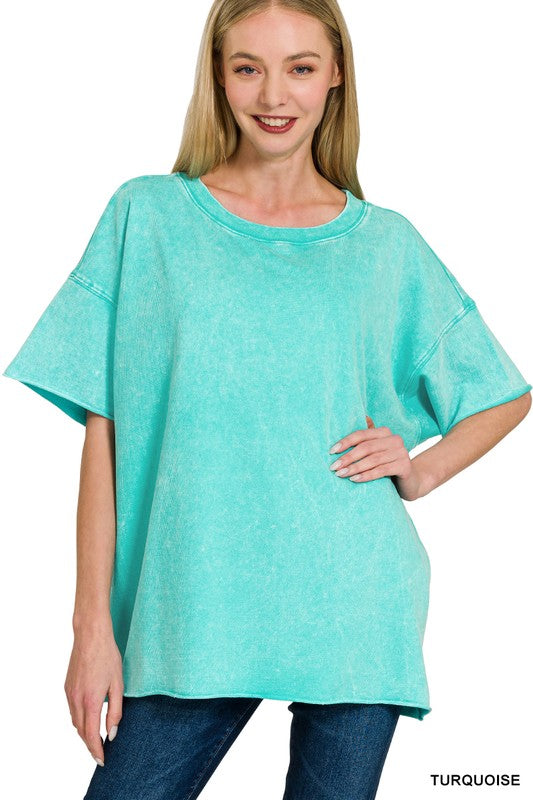 Mineral Wash Raw Seam Oversized Tee-Turquoise