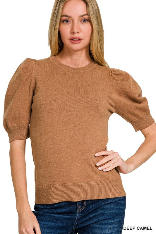 Puff Short Sleeve Sweater- Camel