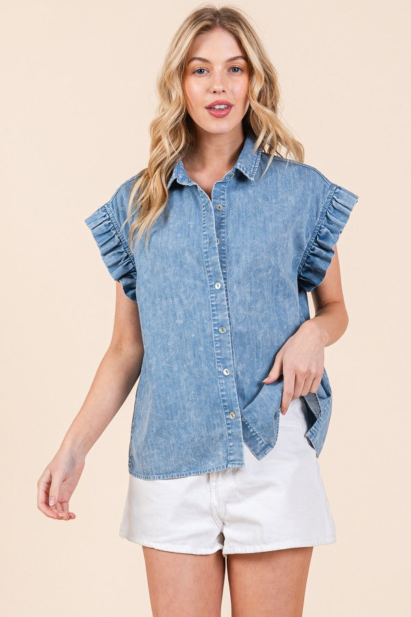 Denim Tencel Button Down Top