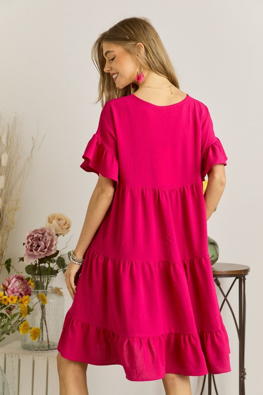 Solid Tiered Babydoll Dress-Fuchsia