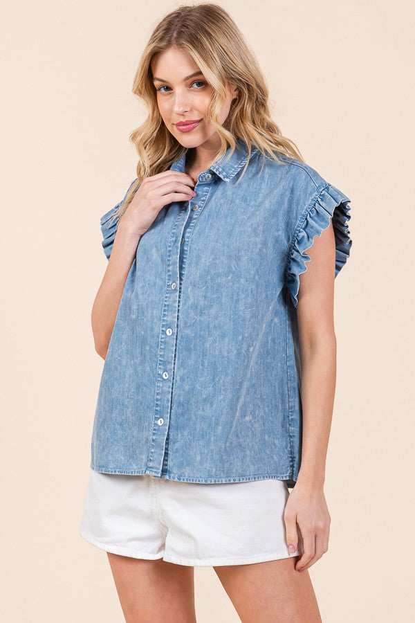 Denim Tencel Button Down Top