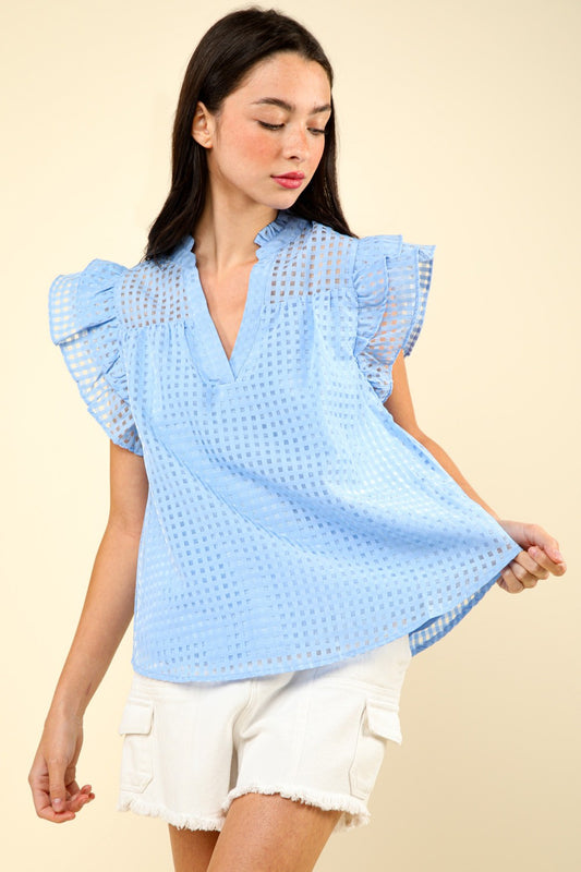 Sky Blue Checker Ruffle Blouse