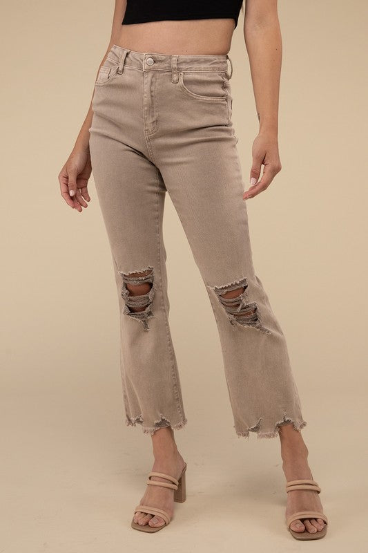 Acid Washed High Waist Distressed Straight Pants