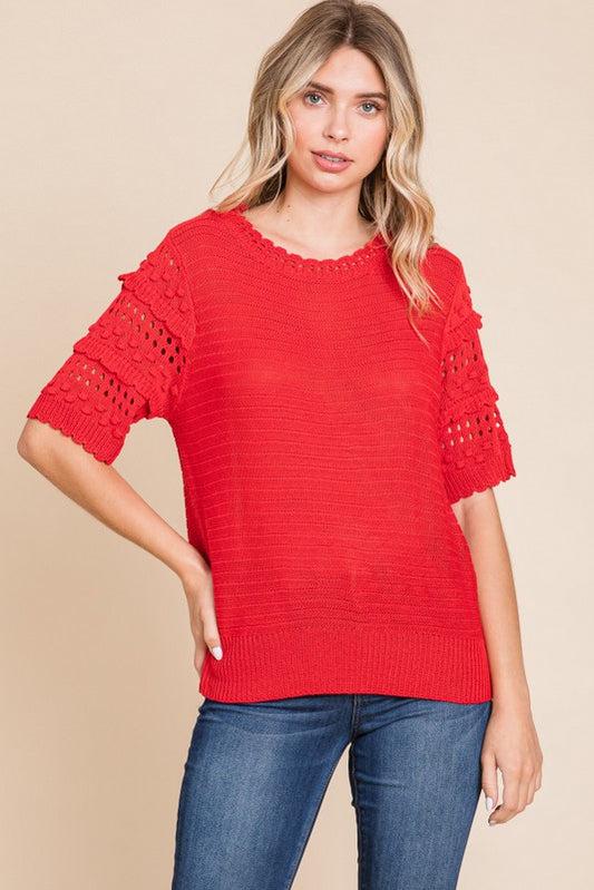 Textured Crochet Knit Top-Tomato Red