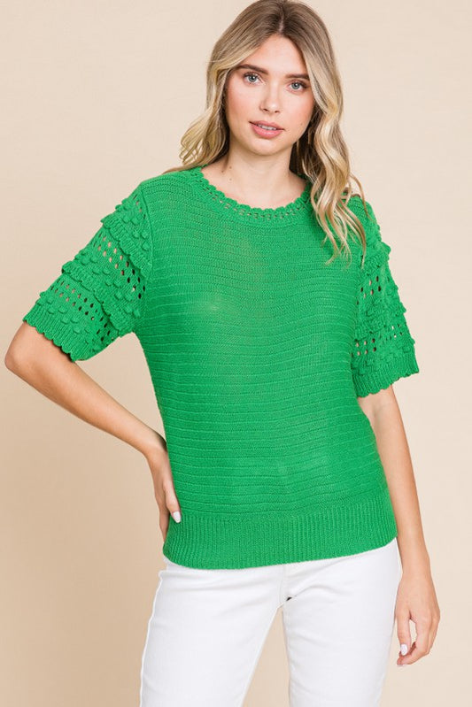 Textured Crochet Knit Top- Kelly Green