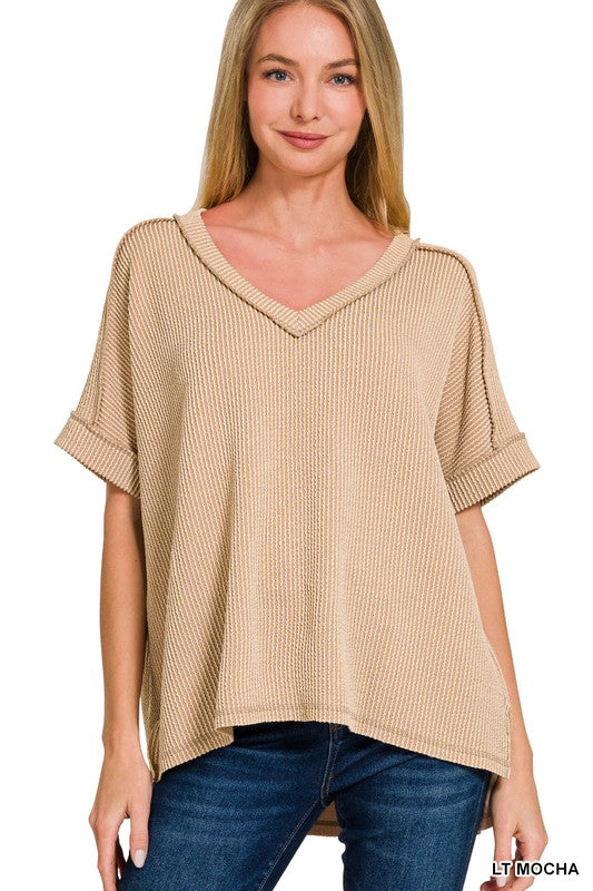 Corded Ribbed V-Neck Top-Mocha