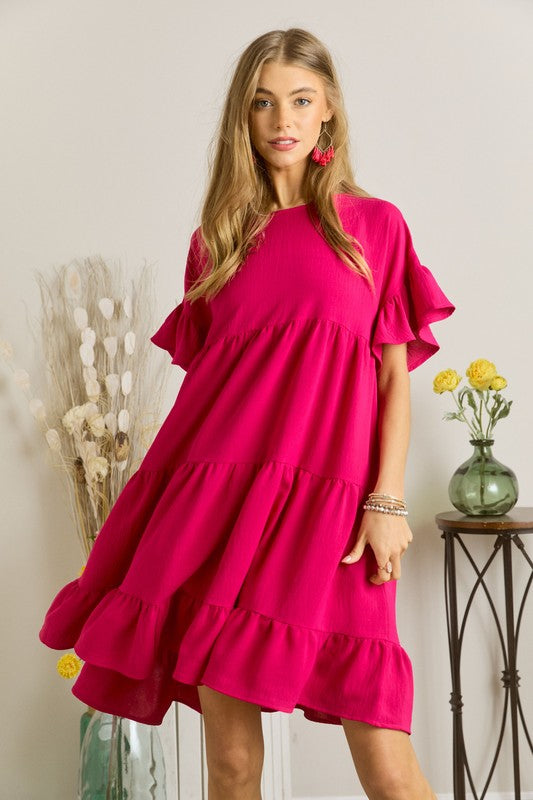 Solid Tiered Babydoll Dress-Fuchsia