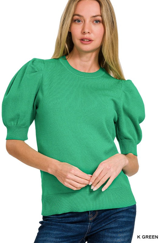 Puff Short Sleeve Sweater- Kelly Green