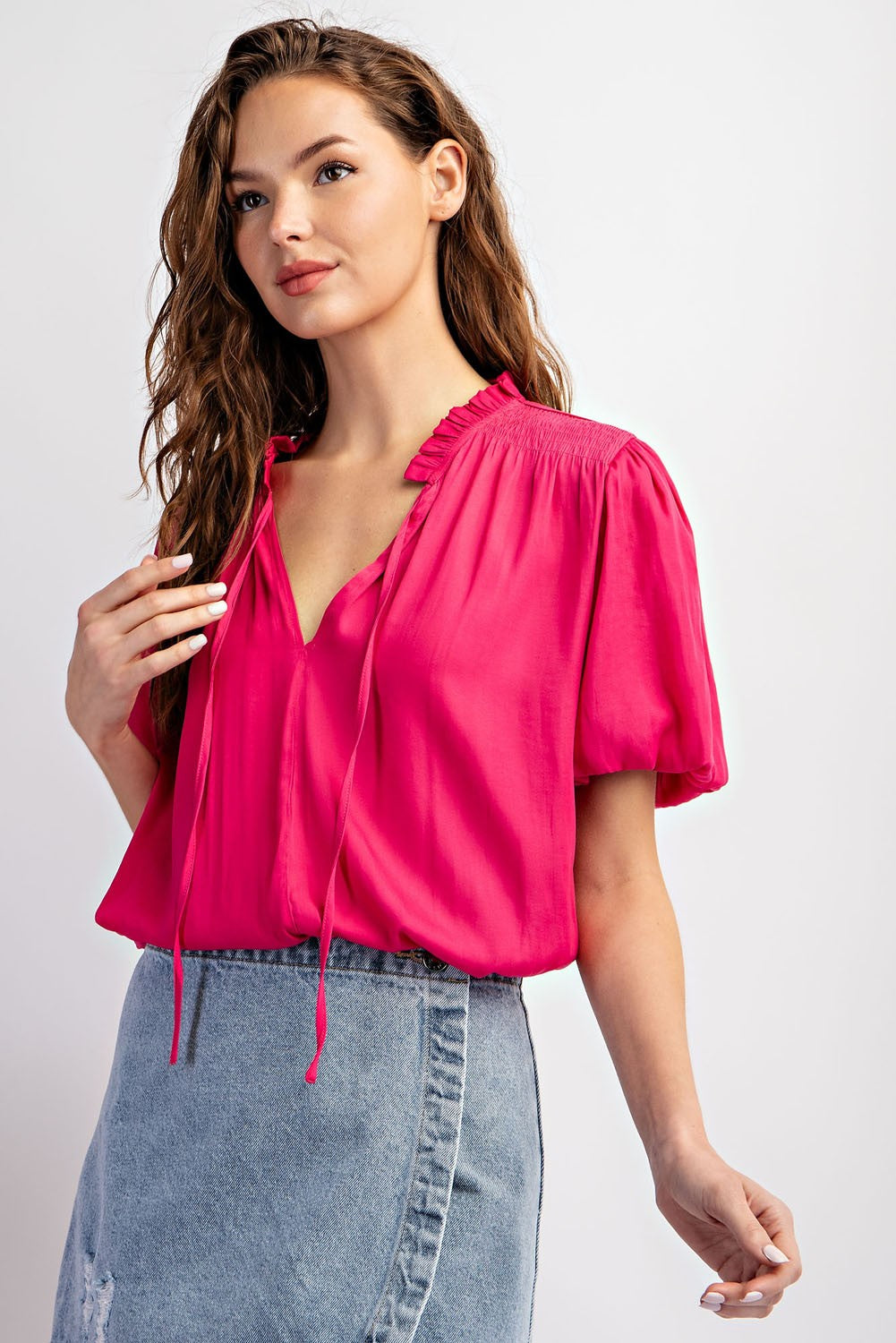 Hot Pink Tie Neck Blouse