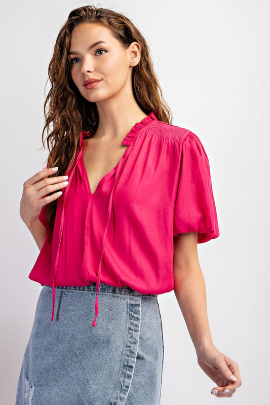 Hot Pink Tie Neck Blouse