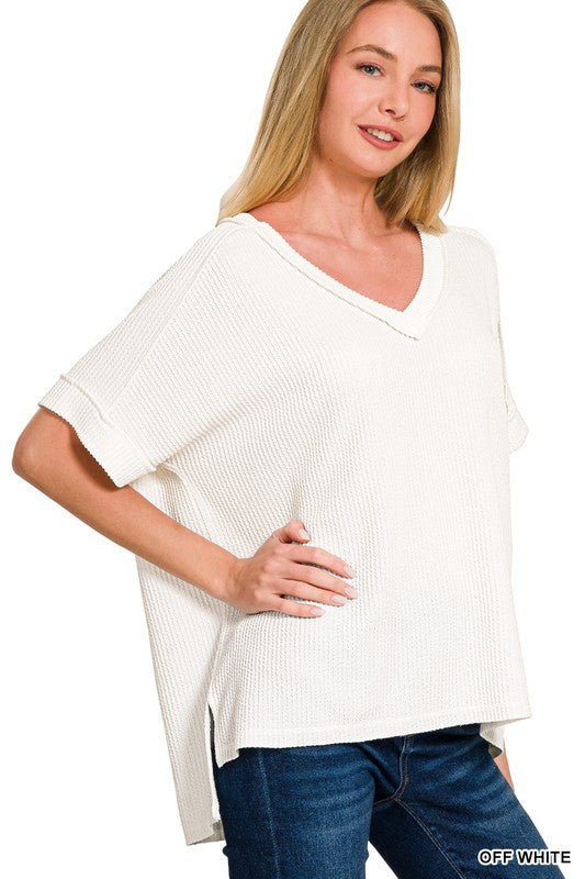 Corded Ribbed V-Neck Top- Off White