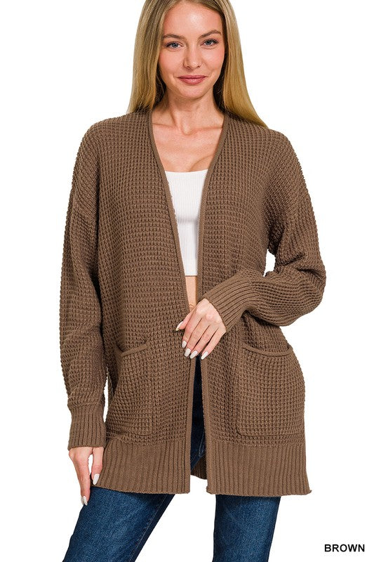 Waffle Open Front Cardigan-Brown