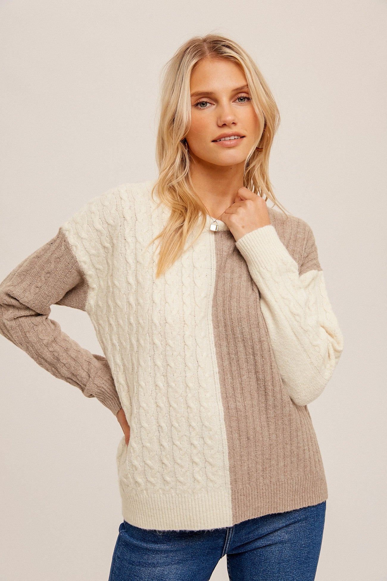 Color Block Cable & Ribbed Sweater