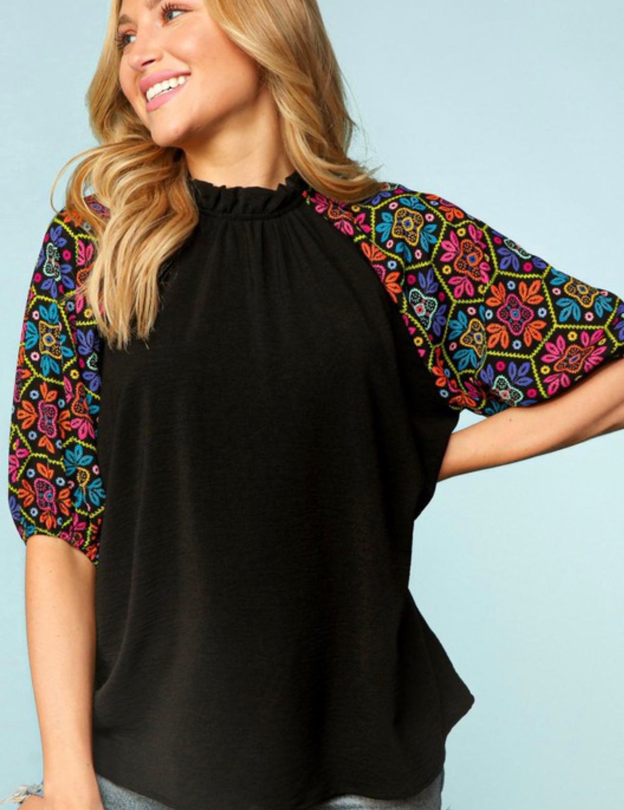 Frilled Mock Neck Print Bubble Sleeve