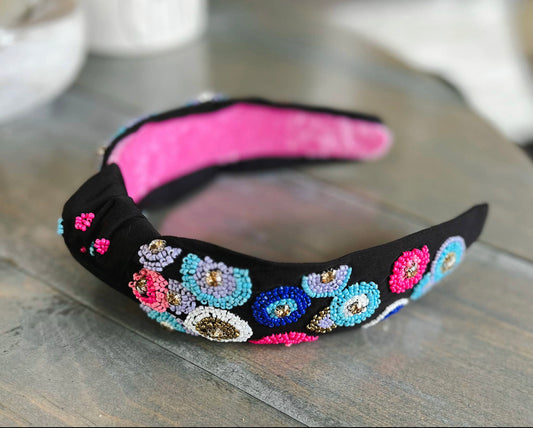Pink and Blue Embroidered Seed Beaded Top Knot Headband with